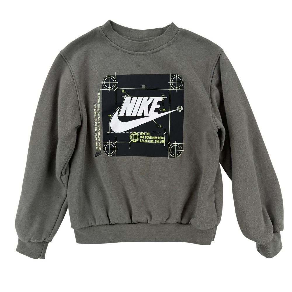 Nike Sweatshirt Kids 5-6 Green Fleece Pullover Crewneck Tech Swoosh Graphic